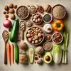 Mineralstoffreiche Ernährung für eine gesunde Versorgung Minimalistisches Stillleben mit gesunden Lebensmitteln wie Nüssen, Gemüse, Samen und Vollkornprodukten
