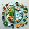 Gesunde Ernährung vs. Mineralstoffräuber Kontrastreiches Bild mit einem gesunden Teller auf der einen und Zucker, Kaffee, Alkohol sowie Fast Food auf der anderen Seite