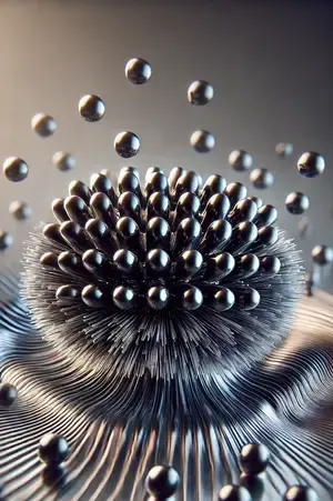 Magnetische Kolloide: Ferrofluid-Partikel richten sich entlang der Feldlinien aus und erzeugen dynamische Formen wie Stacheln oder Wellen Ferrofluid-Partikel bilden spitze Strukturen und Wellen, ausgerichtet entlang der Magnetfeldlinien, ein typisches Verhalten kolloidaler Systeme unter magnetischem Einfluss