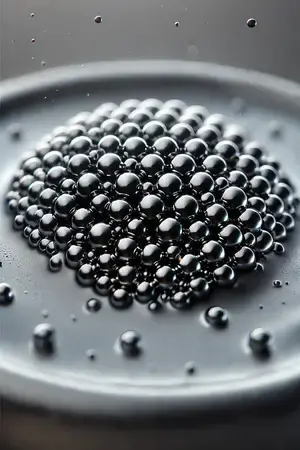 Stabile Suspension von Kolloiden: Gleichmäßig verteilte Ferrofluid-Partikel bleiben in Schwebe, auch bei magnetischem Einfluss Ferrofluid-Partikel in stabiler Suspension, gleichmäßig verteilt dank kolloidaler Stabilisierung, selbst unter magnetischer Beeinflussung